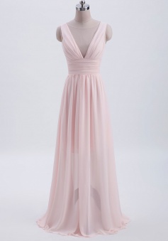 Plunging Illusion Tulle Scoop Neck High Slit Chiffon Bridesmaid Dress