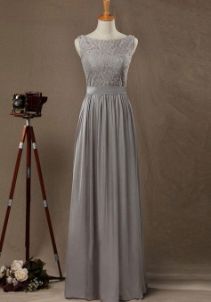 Boatneck Low Scoop Back Lace Bridesmaid Dress with Silk Belt