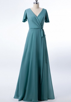 V-neck Short Sleeves Side Slit Skirt Chiffon Bridesmaid Dress with Belt