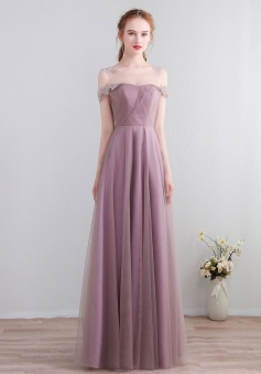 Lace Illusion Scoop Neckline Cold Shoulder Tulle Bridesmaid Dress with Open Back