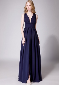 Sexy Deep V-Neck Plunging Silt Bridesmaid Dress with Keyhole Back