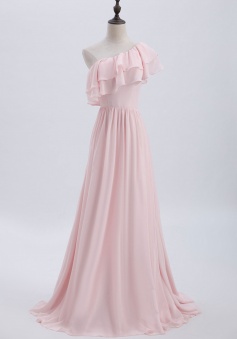 Asymmetrical One-Shoulder Flounce Chiffon Bridesmaid Dress Long