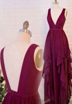 Deep V Neckline & Back Ruffled Bridesmaid Dress Long