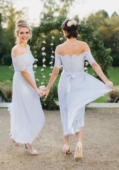 Lace Off Shoulder Straight Pleated Bridesmaid Dress with Short Sleeves