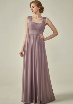 Pleated Long Chiffon Open Back Lace Strap Bridesmaid Dress