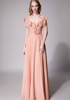 V Neck Cascading Ruffles Sleeve Bow Back Bridesmaid Dress