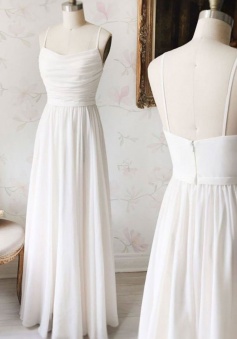 Simple Spaghetti Straps Ruched Chiffon Bridesmaid Dress Long