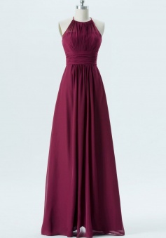 Illusion Halter Long Straps Back Chiffon Bridesmaid Dress