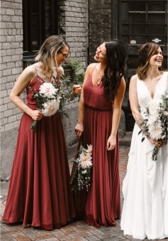 Spaghetti Straps V Neck Chiffon Bridesmaid Dress with Open Back