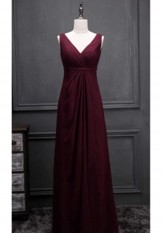 V Neck & Back Thin Sash Ruched Chiffon Bridesmaid Dress Long