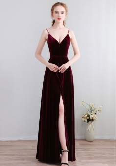 Velvet Spaghetti Straps Open Back Bridesmaid Dress with High Split