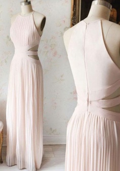 Spaghetti Straps Halter Pleated Long Midriff Bridesmaid Dress