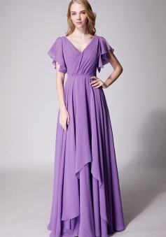 Flutter Sleeve Chiffon Ruched V Back Bridesmaid Dress Long