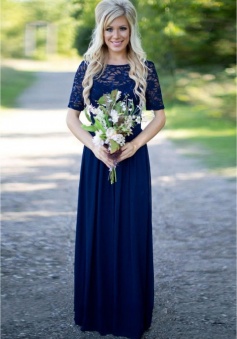 Lace Scoop V Back Short Sleeve Long Bridesmaid Dress with Sequins
