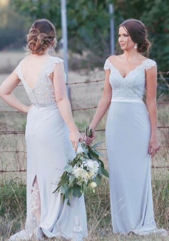 Lace Cap Sleeves V Neck & Back Bridesmaid Dress with Back Lace Slit