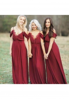 Cold Shoulder Lace V Neck Straps Detail Back Chiffon Bridesmaid Dress