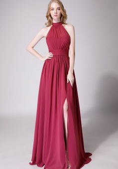 Illusion Neckline High Neck Halter Side Slit Chiffon Bridesmaid Dress with Keyhole