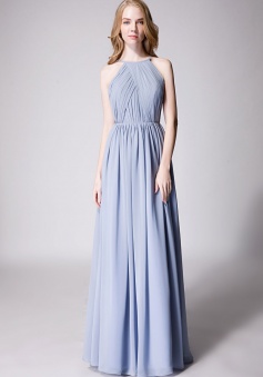 Pleated A-Line Halter Spaghetti-Straps Back Chiffon Bridesmaid Dress