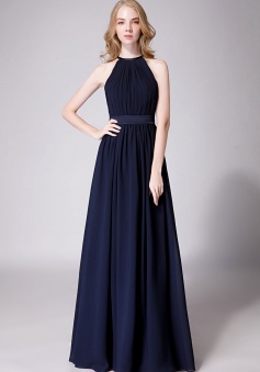 High Neck Halter Pleated Bodice Chiffon Bridesmaid Dress Long