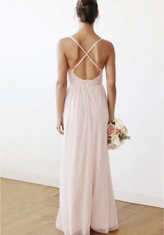 Criss-Cross Spaghetti Straps Back Deep V Neck Bridesmaid Dress