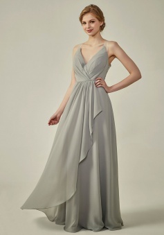 Lace Illusion Back Clousre Tulle Strap V-Neck Bridesmaid Dress with Ruffle