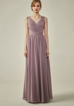 Lace Illusion Back Closure with Button Ruched V-Neck Bridesmaid Dress