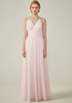 Spaghetti Straps V-Neck Bridesmaid Dress Open Back with Triangle Lace Detail