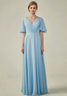 Casual V-Neck Flutter Sleeves Chiffon Ruched Bridesmaid Dress with Keyhole Back