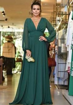 Deep V Neck & Back Long Sleeves Chiffon Bridesmaid Dress