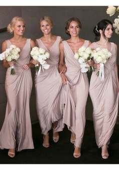 V Neck Ruched  Long Chiffon Tank Bridesmaid Dress