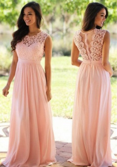 Lace Scoop Illusion Back A-Line Chiffon Bridesmaid Dress Long