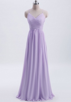 Spaghetti Straps Pleated Chiffon Bridesmaid Dress with Lace Open Back