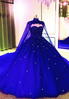 Vintage Royal Blue Mermaid Tulle Ball Gown Prom Dress With Cape