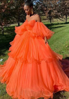 Off the Shoulder Ball Gown Orange Prom Dresses Formal Dresses with Ruffles