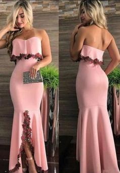 Elegant Mermaid Sweetheart Pink Long Prom/Eveing Dresses with Appliques Slit