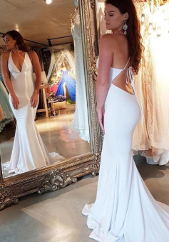 Mermaid Spaghetti Straps V Neck Open Back Prom Dresses, White Evening Dresses