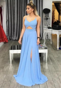 Simple A Line Chiffon Open Back Blue Evening Dress