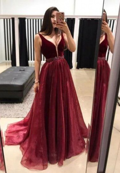 Mermaid Burgundy Top Velevet V Neck Sleeveless Long Prom/Eveing Dresses