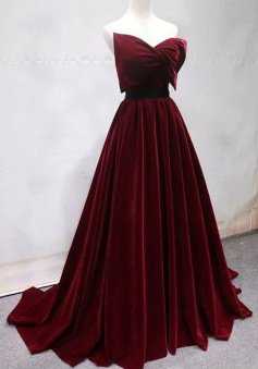 SImple Burgundy Velevet Long Prom Dresses With Bowknot for Women