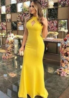 Elegant Sheath Halter Backless Yellow Long Evening Dresses