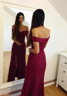 Sheath Burgundy Off the Shoulder Long Slit Prom Gowns