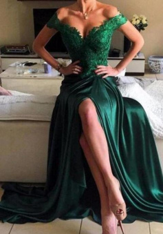 Off Shoulder Long Slit Green Prom Dresses Evening Dresses