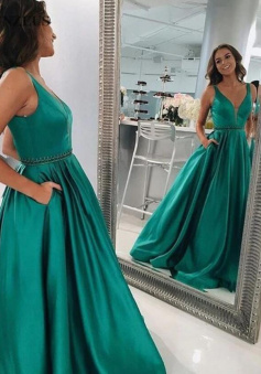 Elegant Green V-neck Satin Long Prom Dresses Evening Dresses