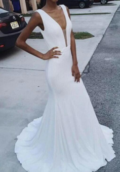 Elegant Mermaid Deep V-neckline White Prom Dresses