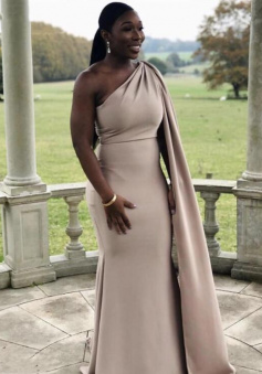 Simple One Shoulder Floor Length Prom Dress With Cape African Party Gown