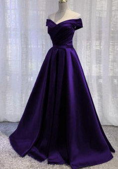 Off Shoulder A Line Dark Purple Satin Party Dress