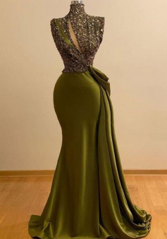 Sheath Sexy Olive Green Long Prom Dresses with Sparkly Sequins