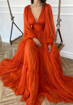 Simple Long Sleeves Orange Tulle Prom Dress