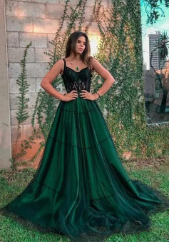 Spaghetti Strap V Neck Green Tulle Long Prom/Evening Dress