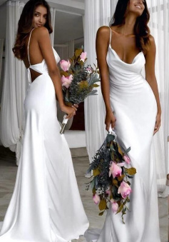 Sexy Slim White Prom Dresses with Cowl Back